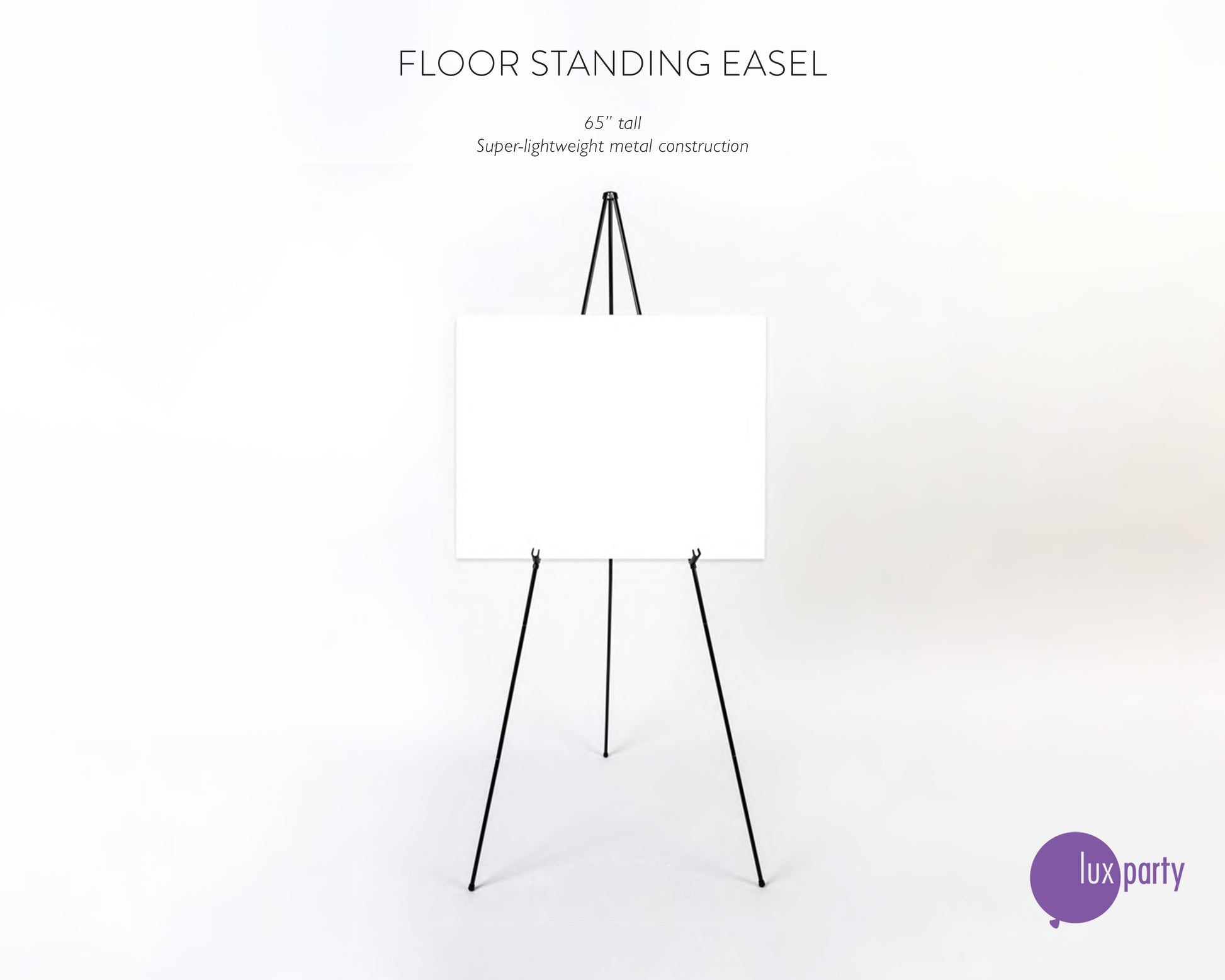 Black lightweight metal floor standing easel, holding a blank white sign, against a white background. Lux Party logo.