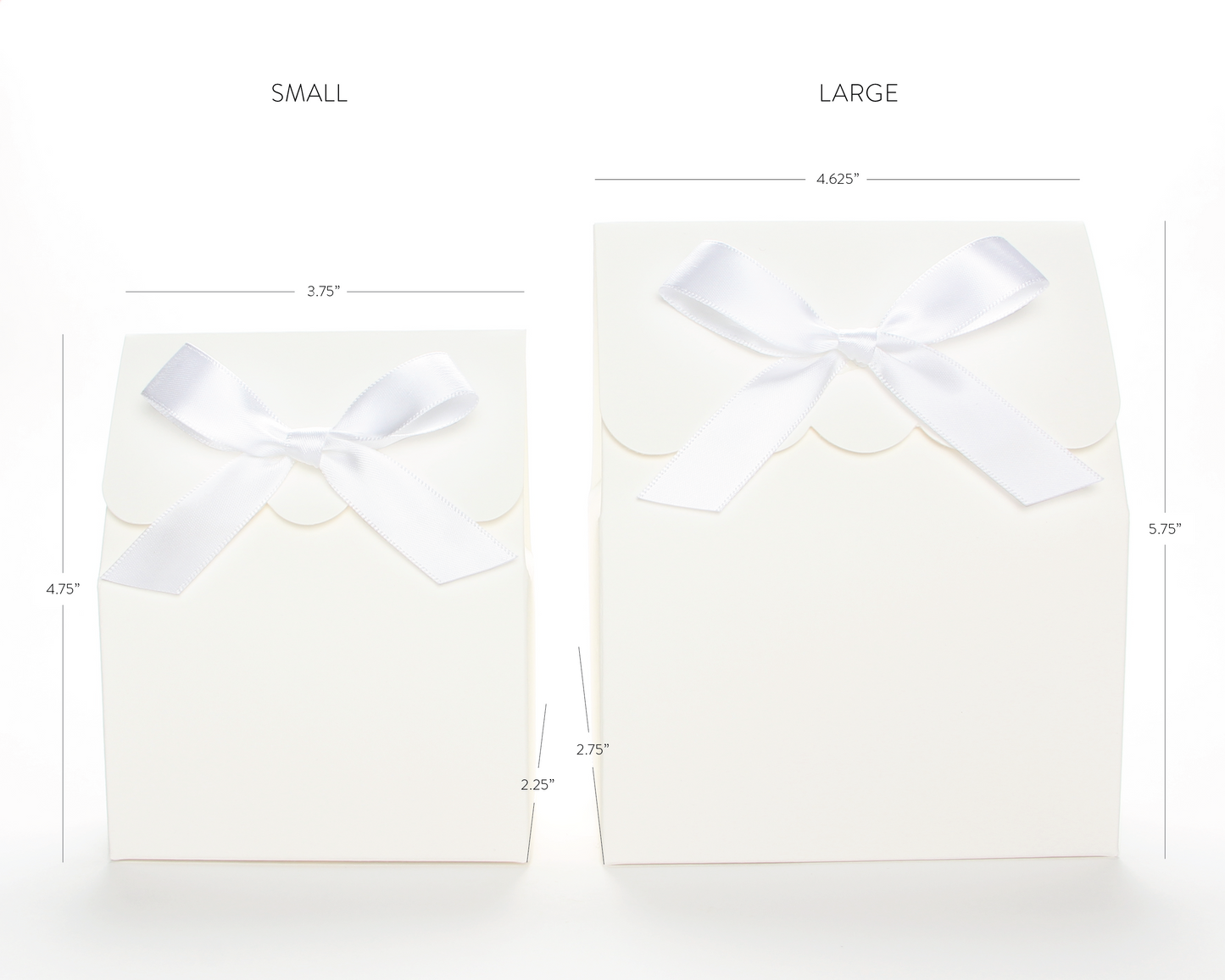 Lux Party’s small white favor box and large white favor box, side by side, showing dimensions of each.