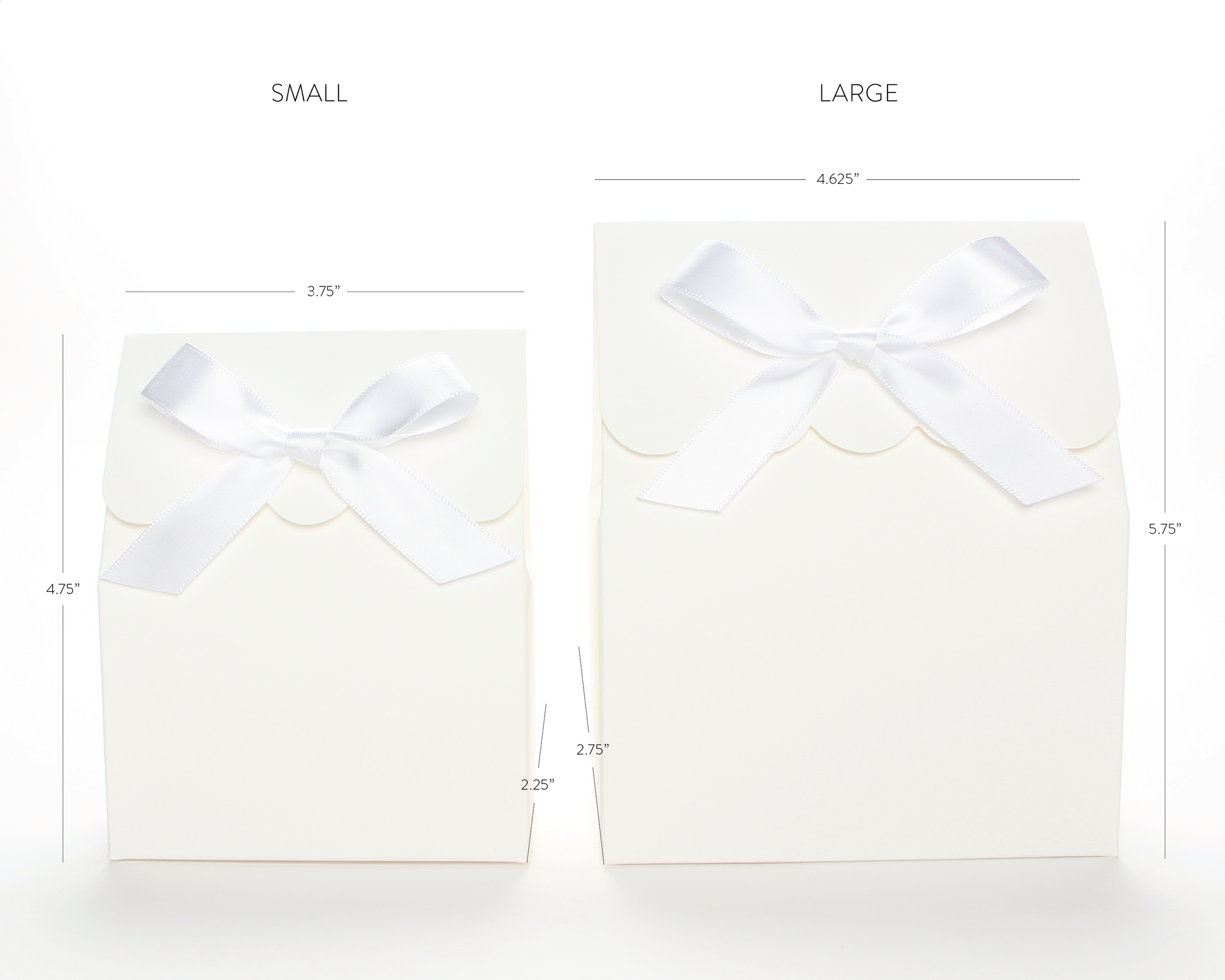 Lux Party’s small white favor box and large white favor box, side by side, showing dimensions of each.