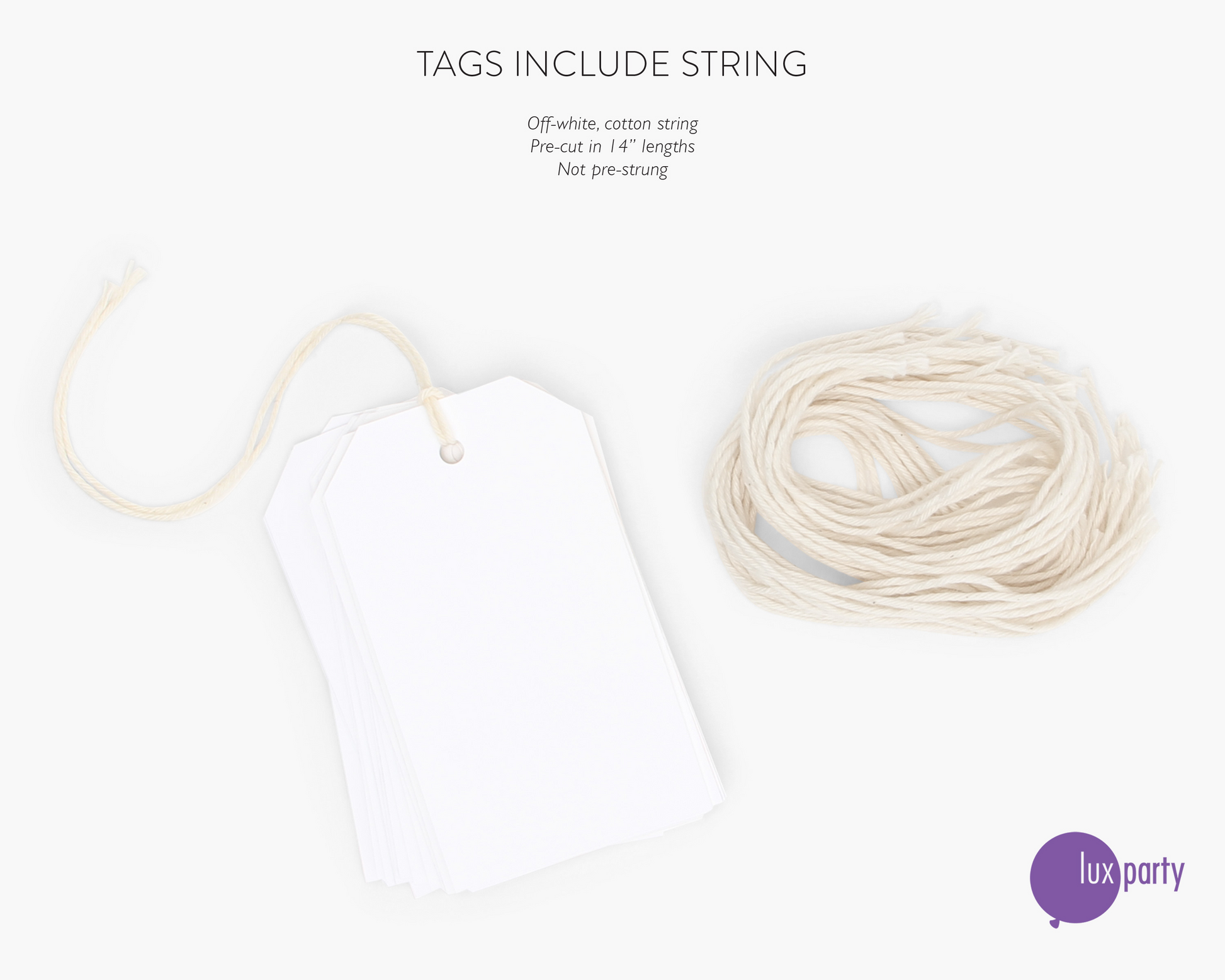 A pile of blank white favor tags, with cropped corners, next to a pile of off-white cotton string. Lux Party logo.