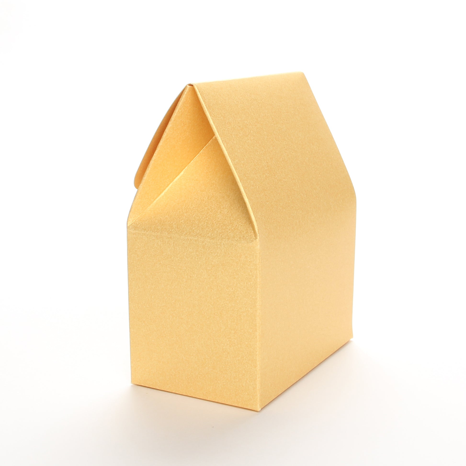 Side view of a gold favor box by Lux Party on a white background.