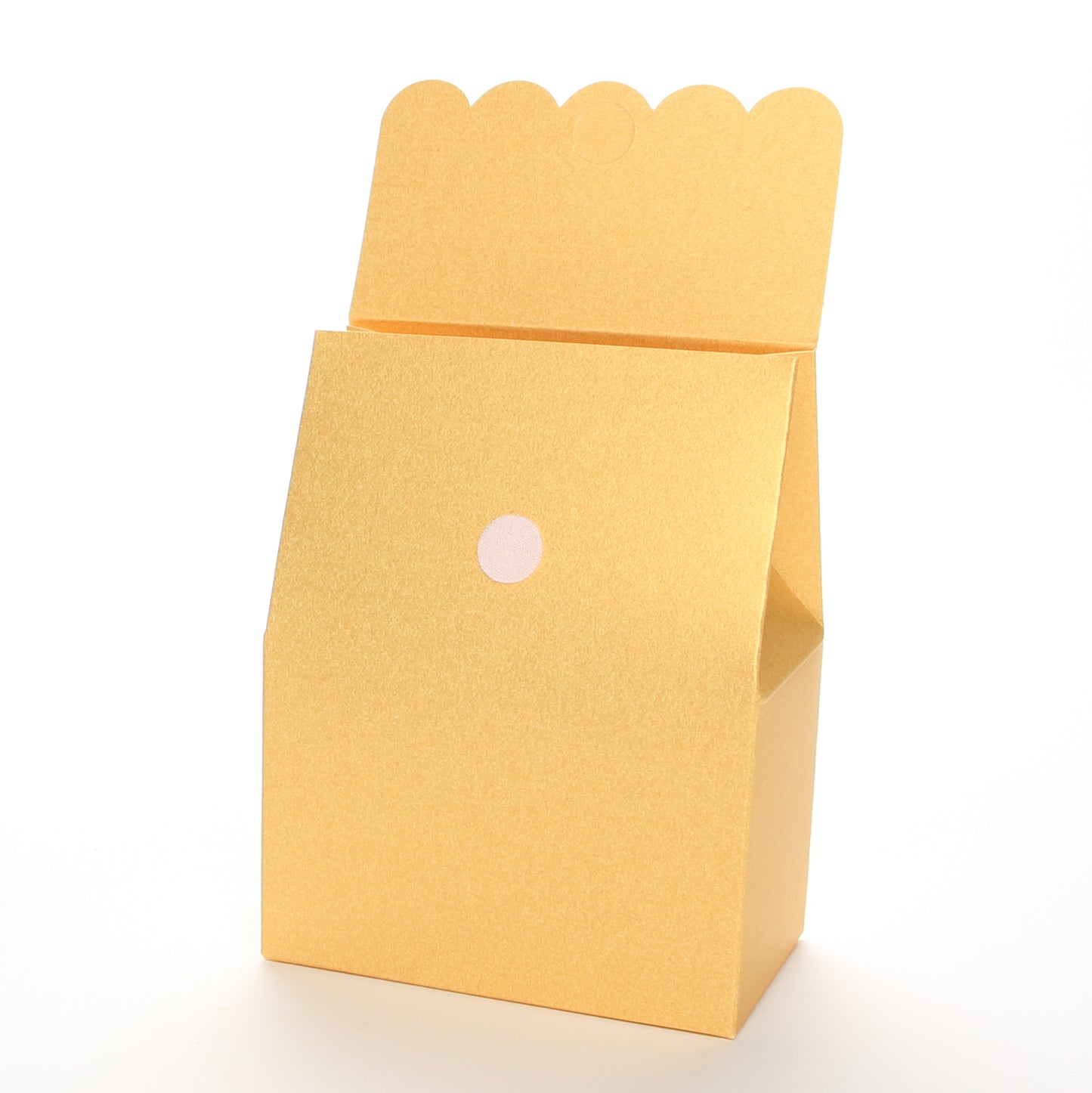 Lux Party’s gold favor box with scalloped lid open, showing a velcro closure.