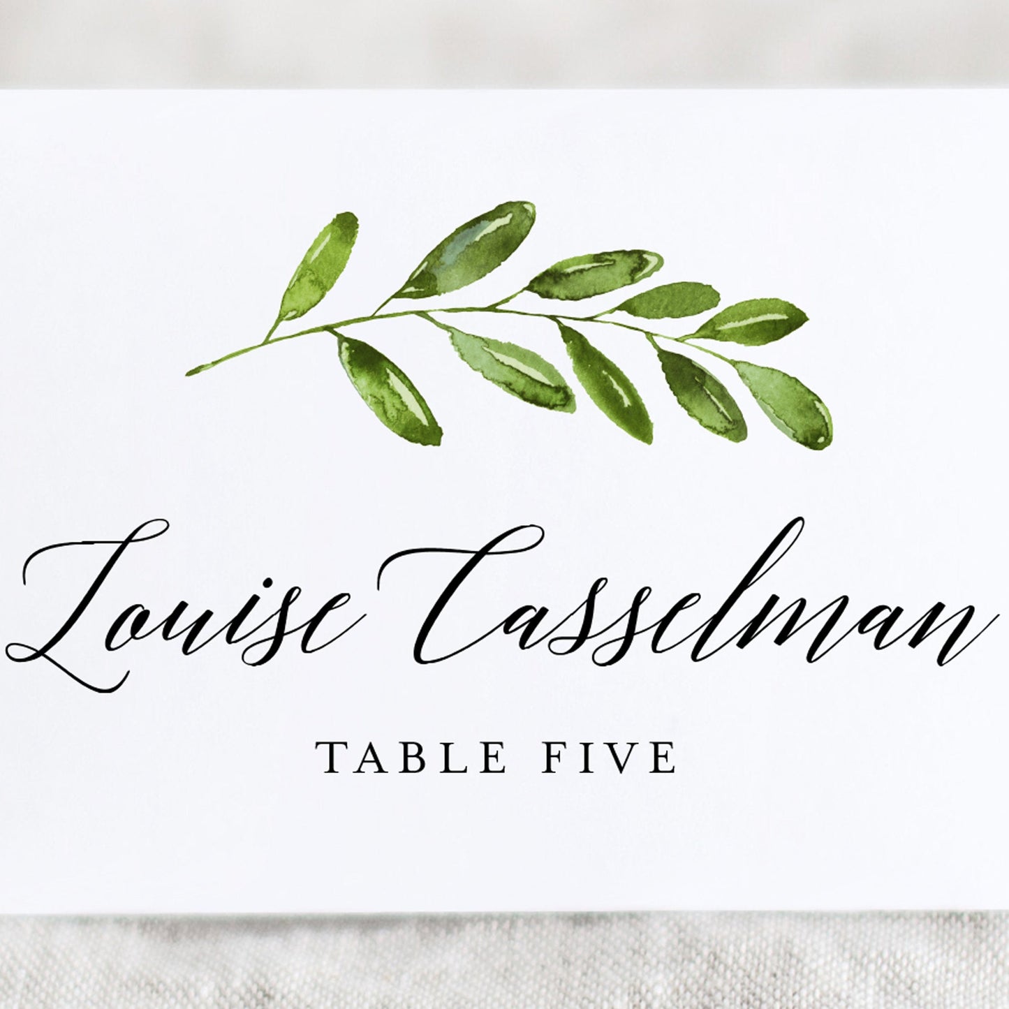 Close up of Lux Party’s greenery place cards with white background and black lettering.