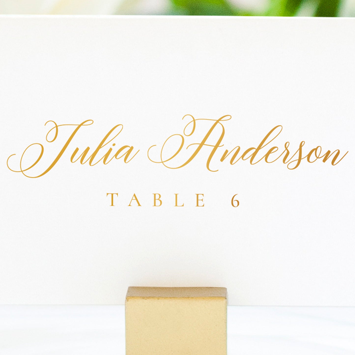 Close up of Lux Party’s gold place cards with white background and gold lettering.