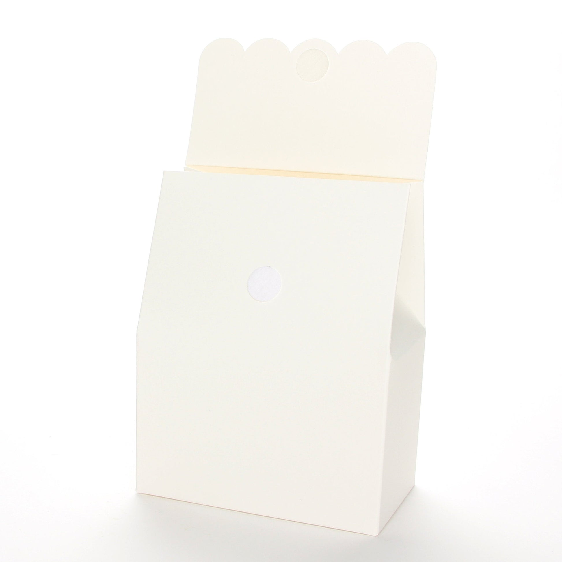 Lux Party’s ivory favor box with scalloped lid open, showing a velcro closure.