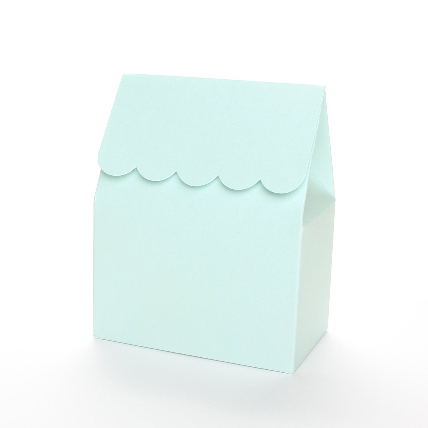 Light blue favor box by Lux Party with a scalloped edge on a white background.