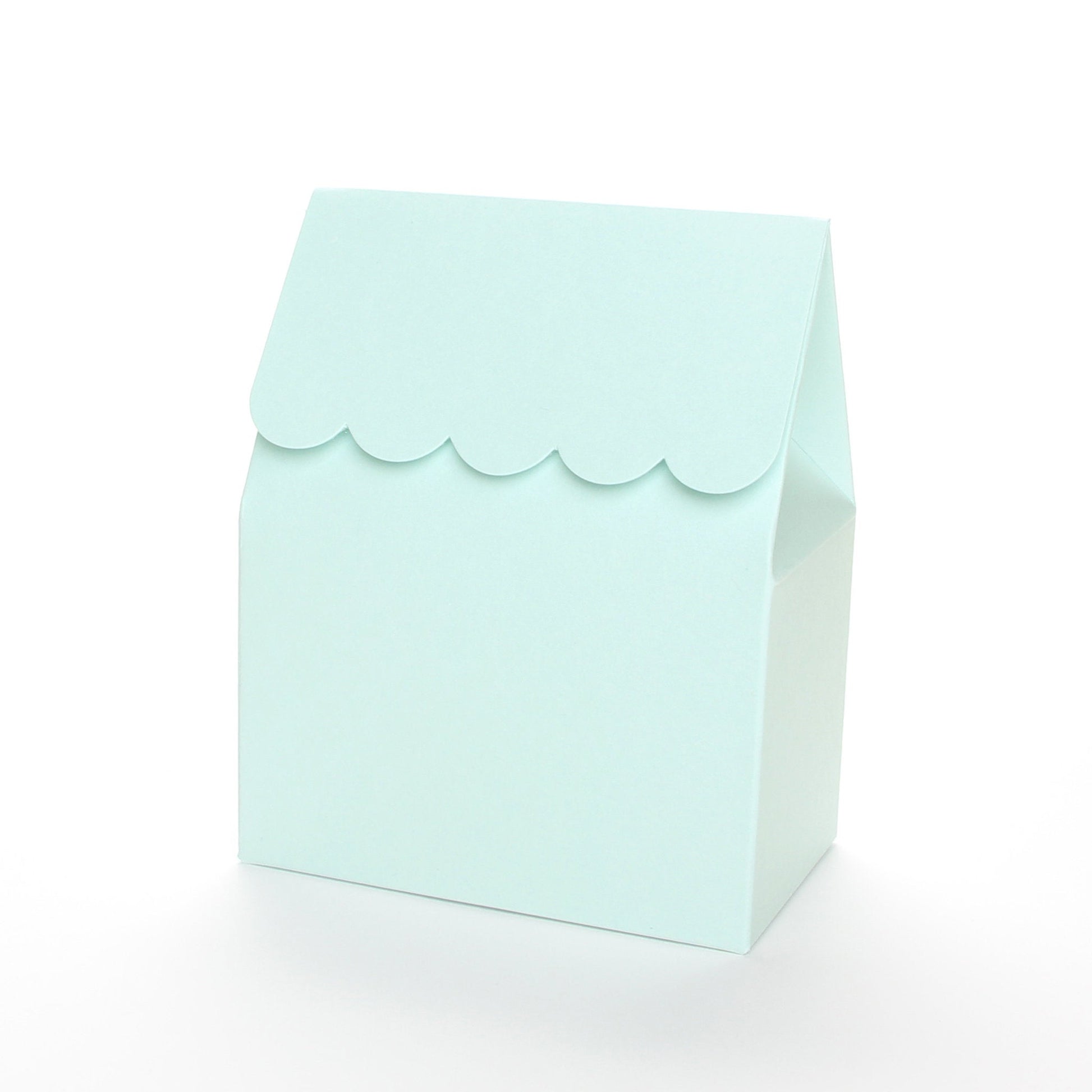 Light blue favor box by Lux Party with a scalloped edge on a white background.