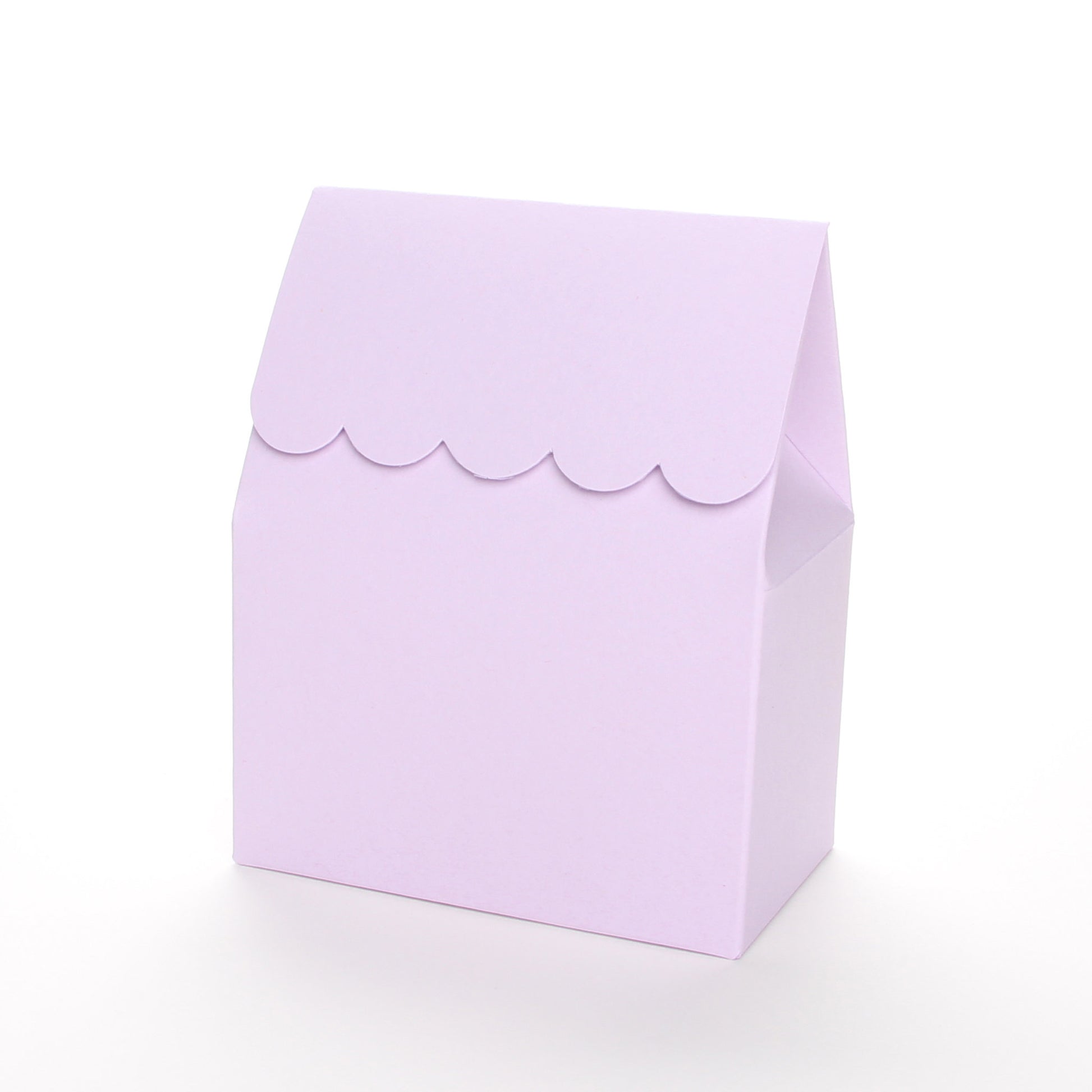 Lavender favor box by Lux Party with a scalloped edge on a white background.