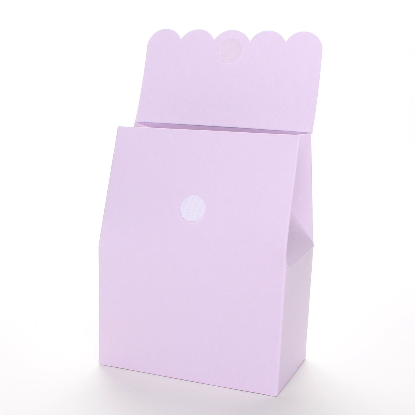 Lux Party’s lavender favor box with scalloped lid open, showing a velcro closure.