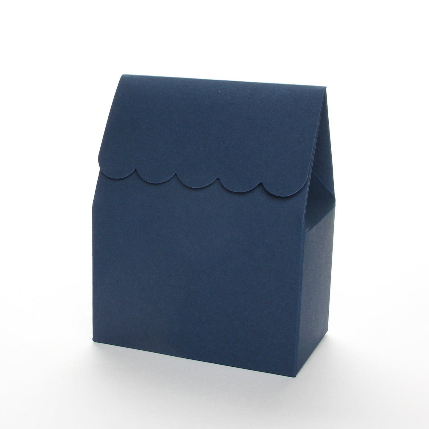 Navy blue favor box by Lux Party with a scalloped edge on a white background.