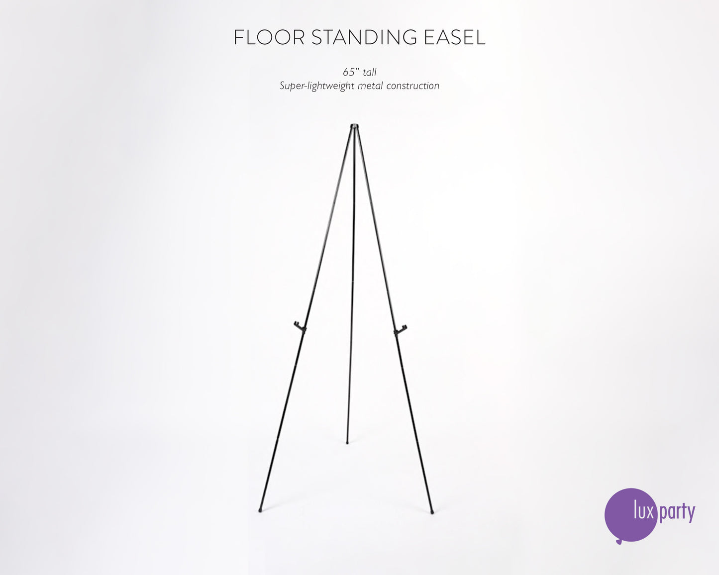 Black lightweight metal floor standing easel against a white background. Lux Party logo.